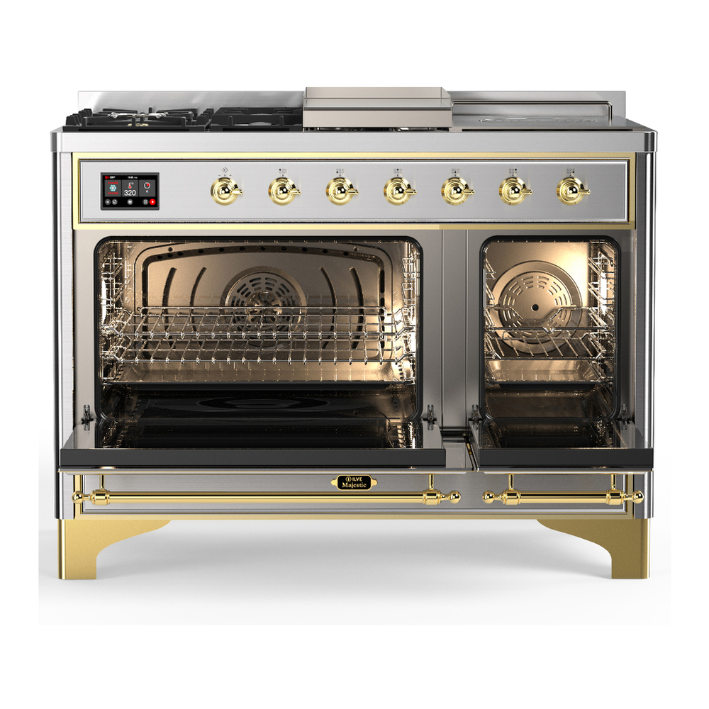 ILVE UM48FSNR3SSG Majestic III 48 inch Dual Fuel Range with 5 Black Brass Burners, Griddle and French Top, Dual Function Burner up to 25,000 BTU (Natural Gas, Triple Glass Door, Stainless Steel, Brass) 2 ILVE-UM48FSNR3SSG-Double Oven Open View