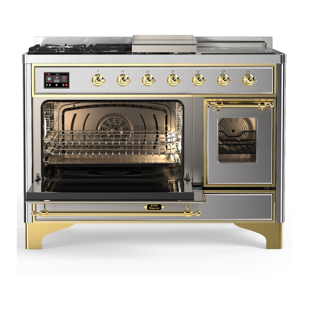 ILVE UM48FSNR3SSG Majestic III 48 inch Dual Fuel Range with 5 Black Brass Burners, Griddle and French Top, Dual Function Burner up to 25,000 BTU (Natural Gas, Triple Glass Door, Stainless Steel, Brass) 3 ILVE-UM48FSNR3SSG-Primary Oven Open View