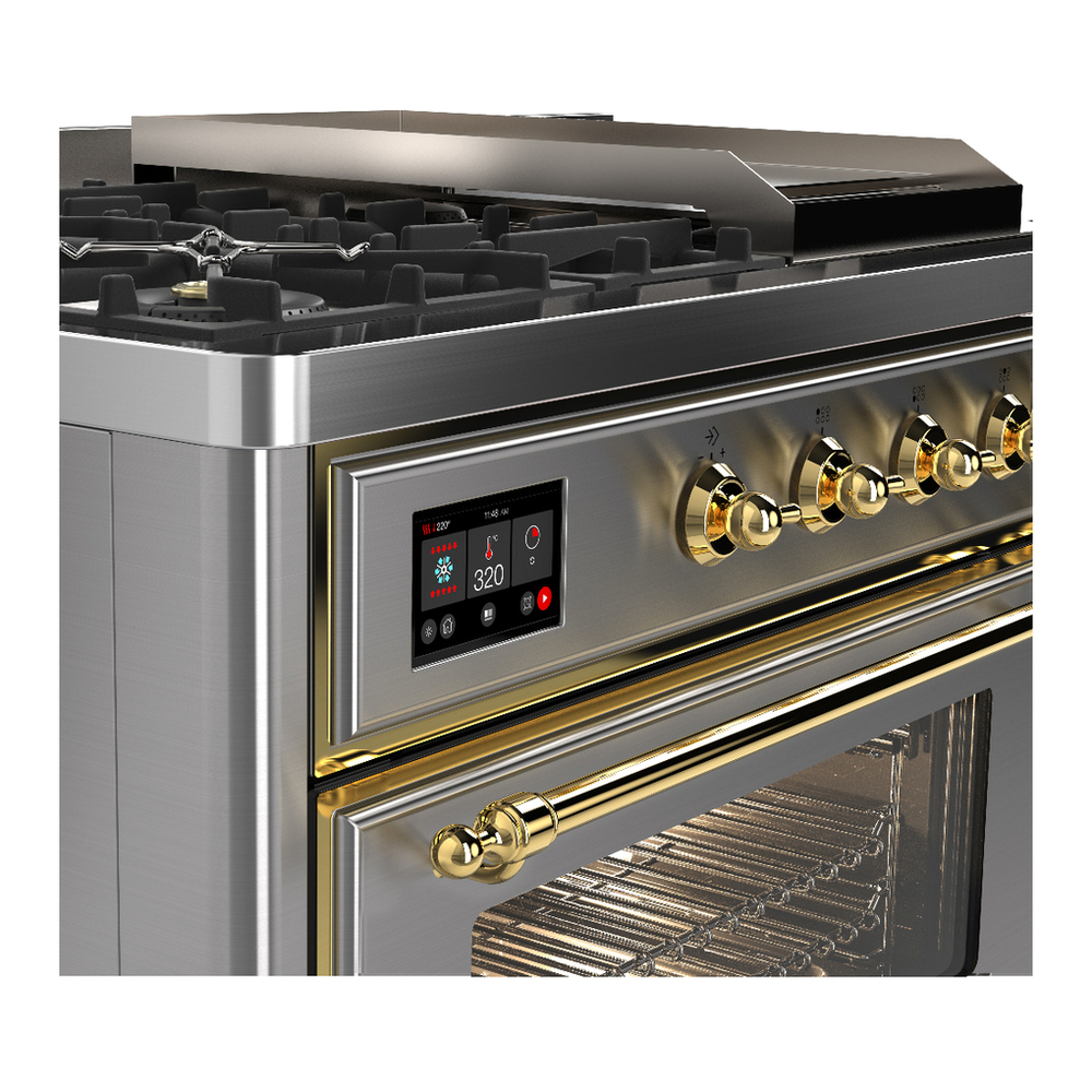 ILVE UM48FSNR3SSG Majestic III 48 inch Dual Fuel Range with 5 Black Brass Burners, Griddle and French Top, Dual Function Burner up to 25,000 BTU (Natural Gas, Triple Glass Door, Stainless Steel, Brass) 7 ILVE-UM48FSNR3SSG-Control Knobs View