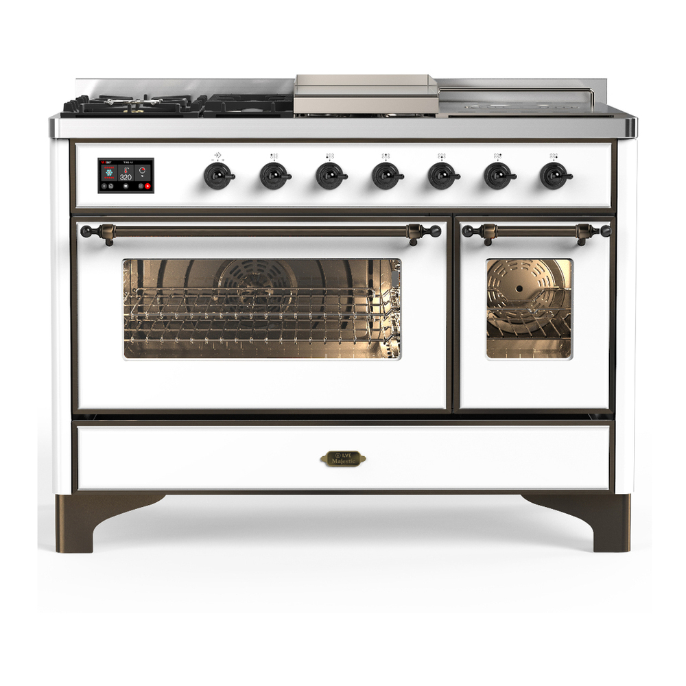 ILVE UM48FSNR3WHB Majestic III 48 inch Dual Fuel Range with 5 Black Brass Burners, Griddle and French Top, Dual Function Burner up to 25,000 BTU (Natural Gas, Triple Glass Door, White, Burnished) 1 UM48FSNR3WHB