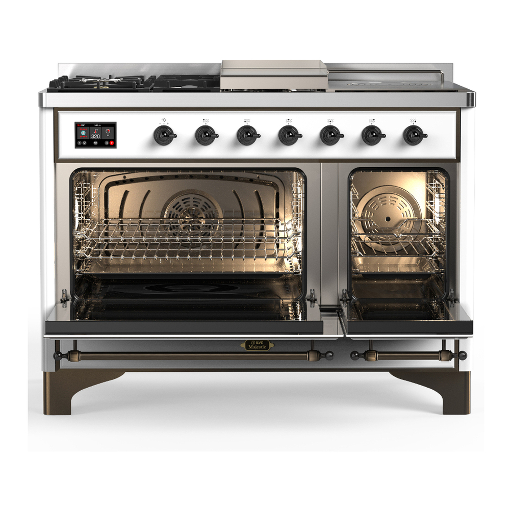 ILVE UM48FSNR3WHB Majestic III 48 inch Dual Fuel Range with 5 Black Brass Burners, Griddle and French Top, Dual Function Burner up to 25,000 BTU (Natural Gas, Triple Glass Door, White, Burnished) 2 ILVE-UM48FSNR3WHB-Double Oven Open View