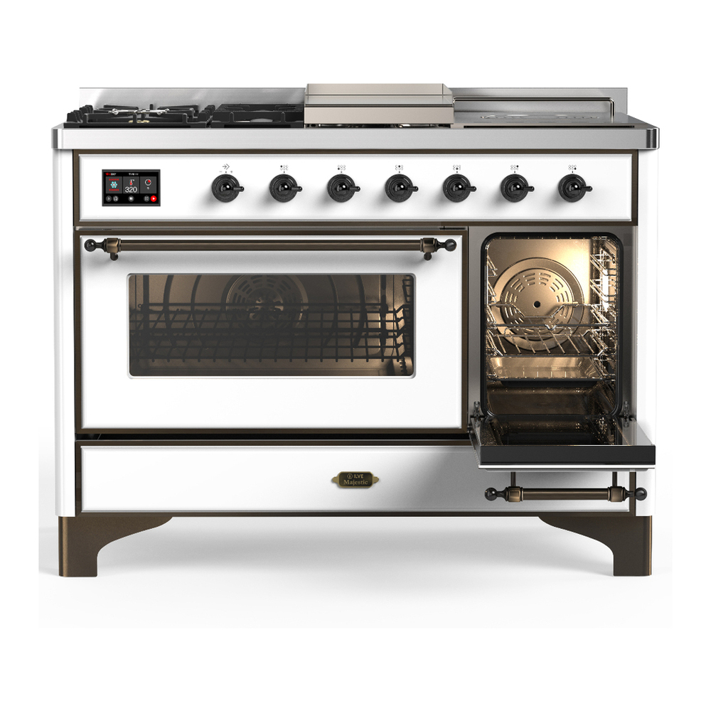 ILVE UM48FSNR3WHB Majestic III 48 inch Dual Fuel Range with 5 Black Brass Burners, Griddle and French Top, Dual Function Burner up to 25,000 BTU (Natural Gas, Triple Glass Door, White, Burnished) 4 ILVE-UM48FSNR3WHB-Secondary Oven Open View