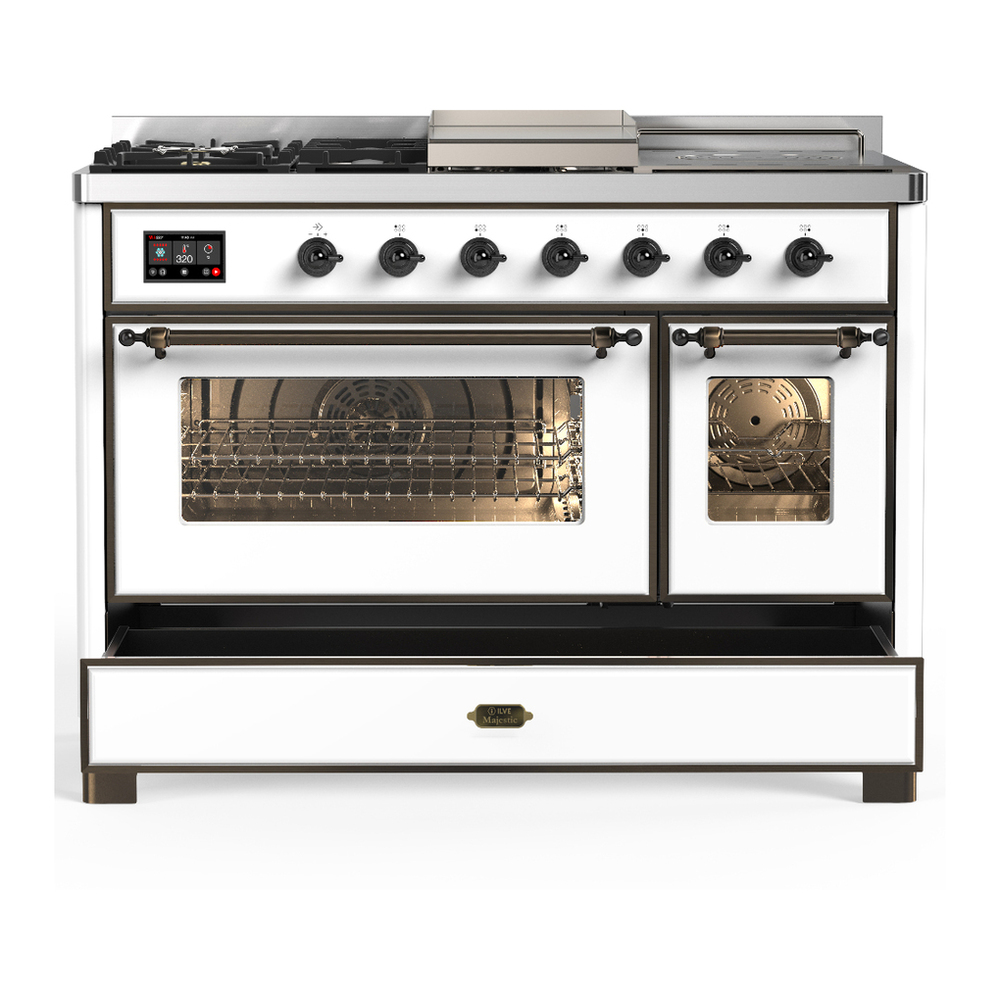 ILVE UM48FSNR3WHB Majestic III 48 inch Dual Fuel Range with 5 Black Brass Burners, Griddle and French Top, Dual Function Burner up to 25,000 BTU (Natural Gas, Triple Glass Door, White, Burnished) 5 ILVE-UM48FSNR3WHB-Drawer Open View