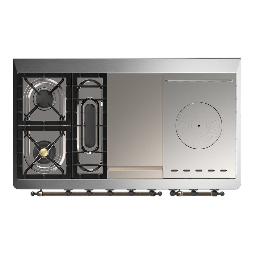 ILVE UM48FSNR3WHB Majestic III 48 inch Dual Fuel Range with 5 Black Brass Burners, Griddle and French Top, Dual Function Burner up to 25,000 BTU (Natural Gas, Triple Glass Door, White, Burnished) 6 ILVE-UM48FSNR3WHB-Top View