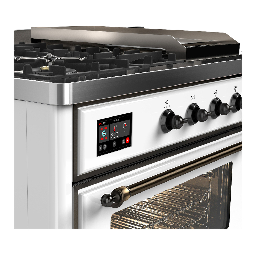ILVE UM48FSNR3WHB Majestic III 48 inch Dual Fuel Range with 5 Black Brass Burners, Griddle and French Top, Dual Function Burner up to 25,000 BTU (Natural Gas, Triple Glass Door, White, Burnished) 7 ILVE-UM48FSNR3WHB-Control Knobs View