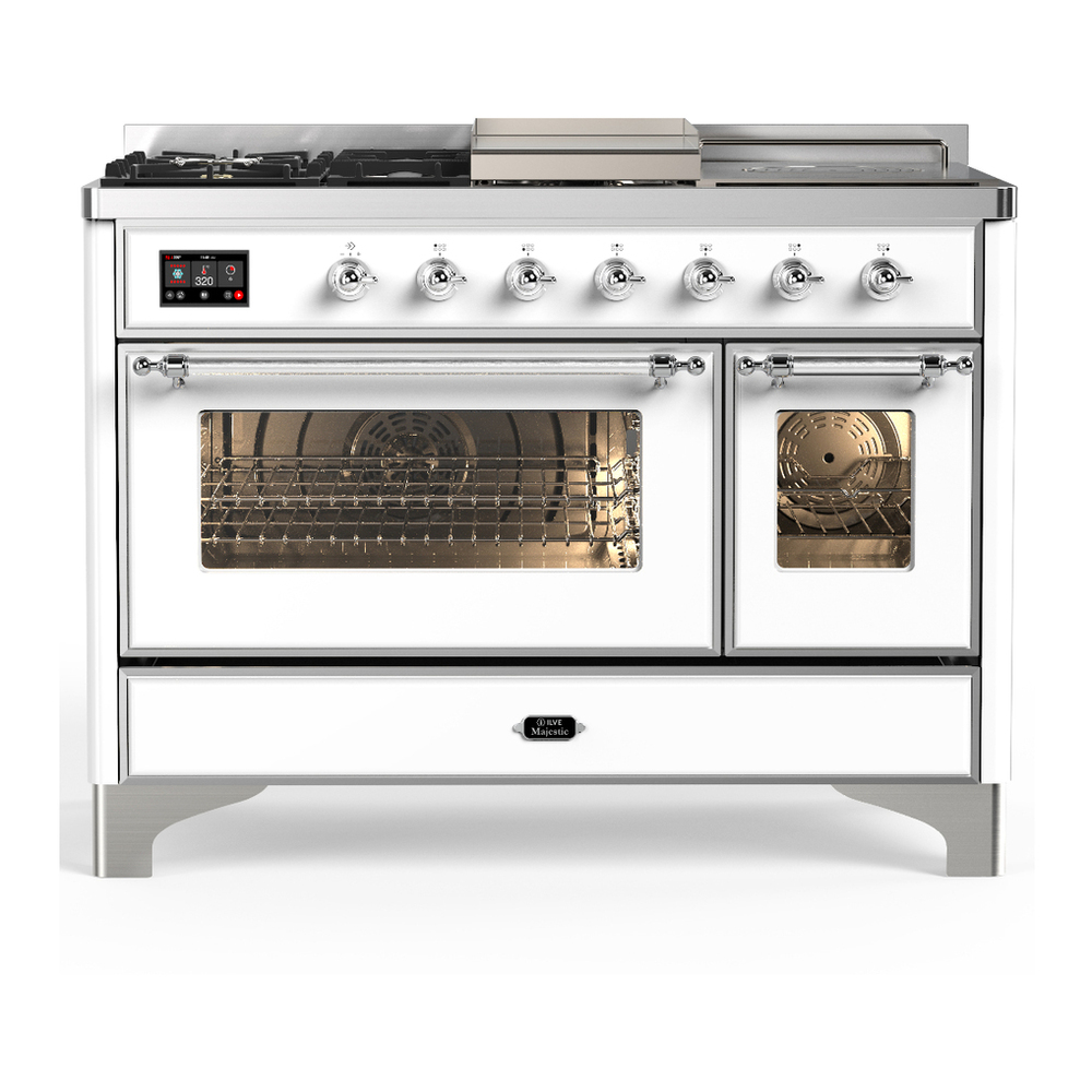 ILVE UM48FSNR3WHCLP Majestic III 48 inch Dual Fuel Range with 5 Black Brass Burners, Griddle and French Top, Dual Function Burner up to 25,000 BTU (Liquid Propane, Triple Glass Door, White, Chrome) 1 UM48FSNR3WHCLP