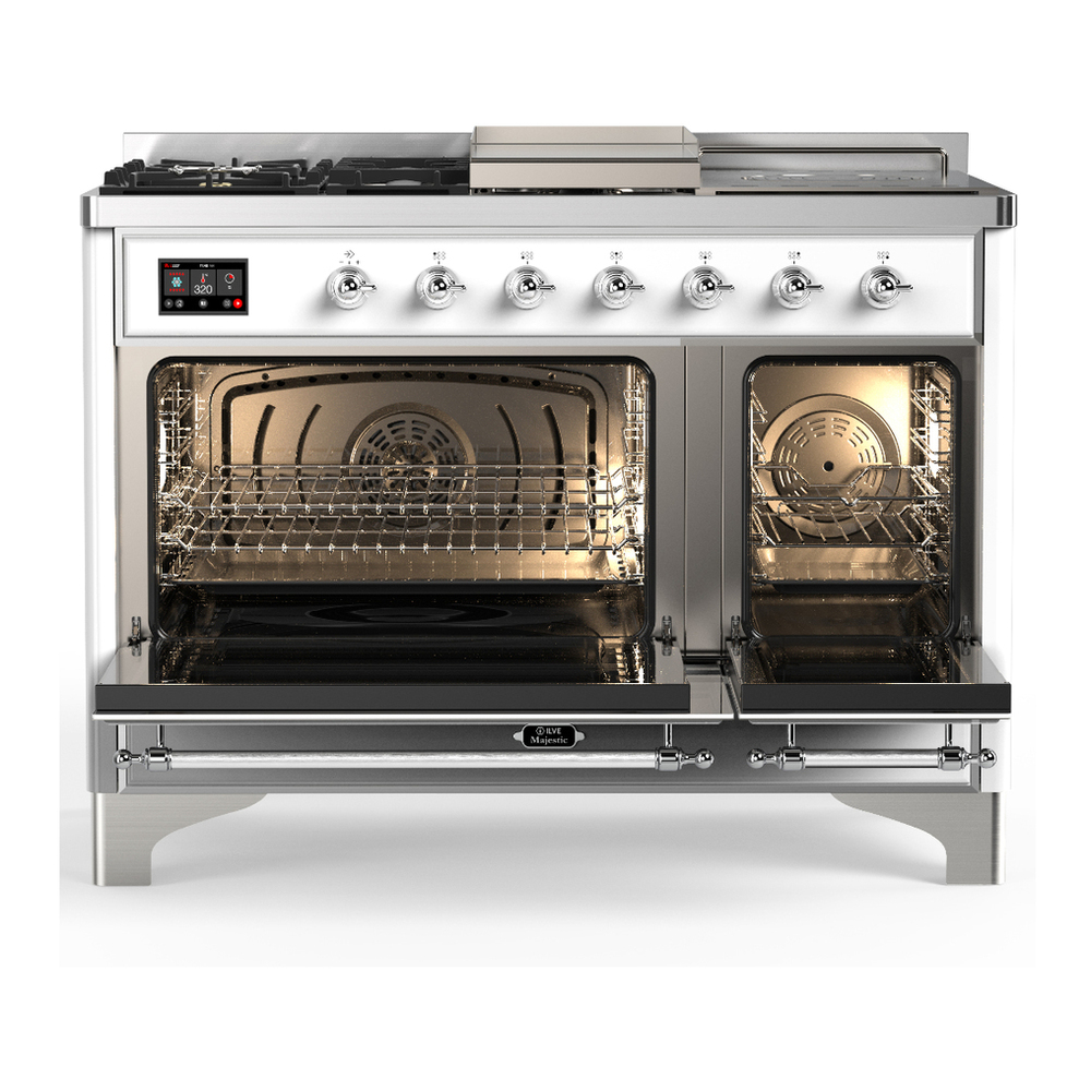 ILVE UM48FSNR3WHCLP Majestic III 48 inch Dual Fuel Range with 5 Black Brass Burners, Griddle and French Top, Dual Function Burner up to 25,000 BTU (Liquid Propane, Triple Glass Door, White, Chrome) 2 ILVE-UM48FSNR3WHCLP-Double Oven Open View