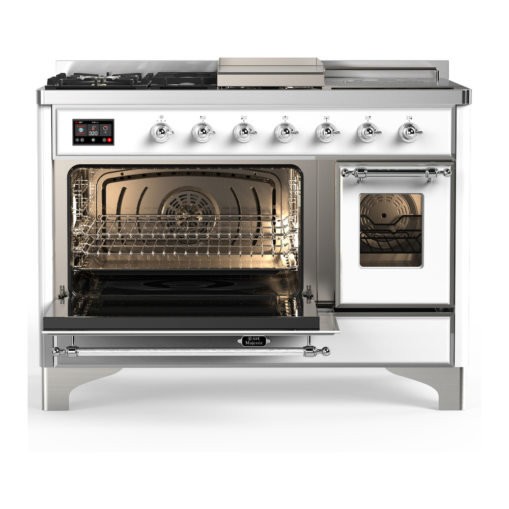 ILVE UM48FSNR3WHCLP Majestic III 48 inch Dual Fuel Range with 5 Black Brass Burners, Griddle and French Top, Dual Function Burner up to 25,000 BTU (Liquid Propane, Triple Glass Door, White, Chrome) 3 ILVE-UM48FSNR3WHCLP-Primary Oven Open View
