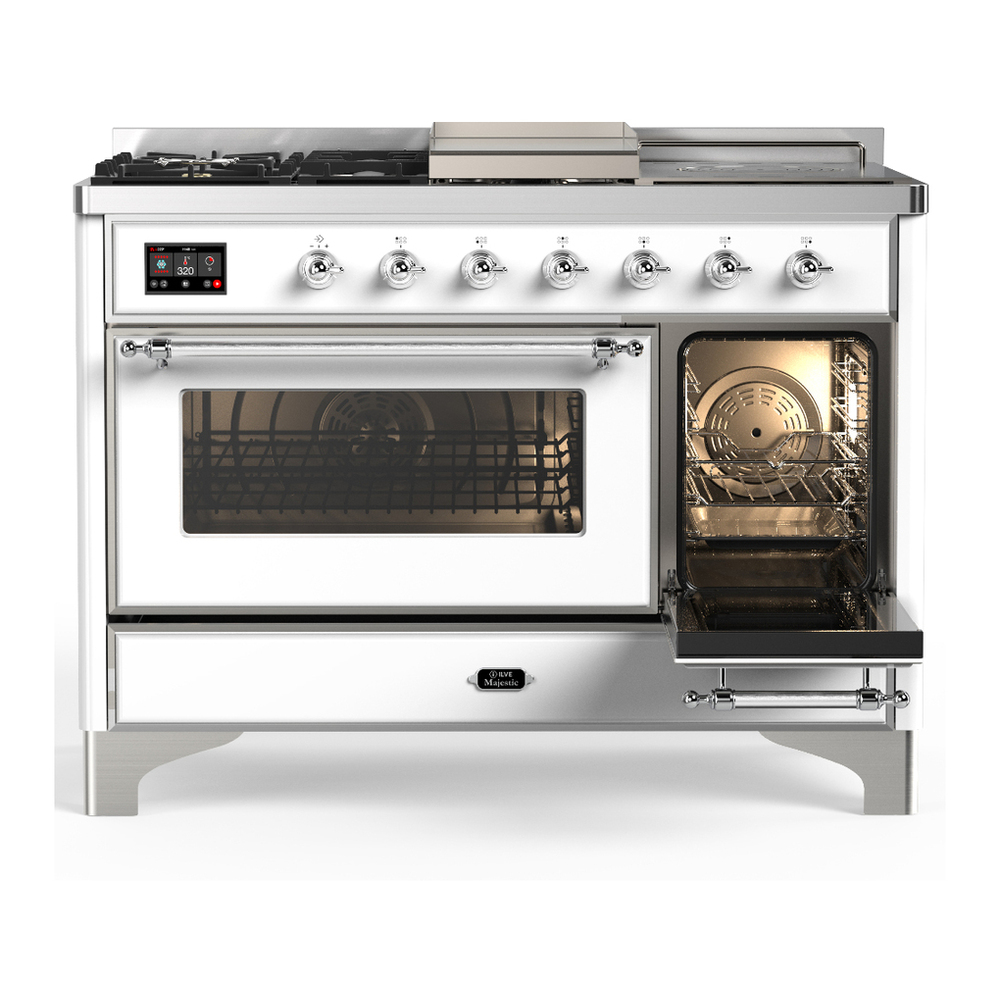ILVE UM48FSNR3WHCLP Majestic III 48 inch Dual Fuel Range with 5 Black Brass Burners, Griddle and French Top, Dual Function Burner up to 25,000 BTU (Liquid Propane, Triple Glass Door, White, Chrome) 4 ILVE-UM48FSNR3WHCLP-Secondary Oven Open View