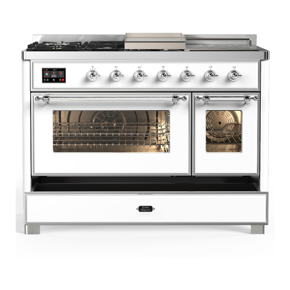 ILVE UM48FSNR3WHCLP Majestic III 48 inch Dual Fuel Range with 5 Black Brass Burners, Griddle and French Top, Dual Function Burner up to 25,000 BTU (Liquid Propane, Triple Glass Door, White, Chrome) 5 ILVE-UM48FSNR3WHCLP-Drawer Open View