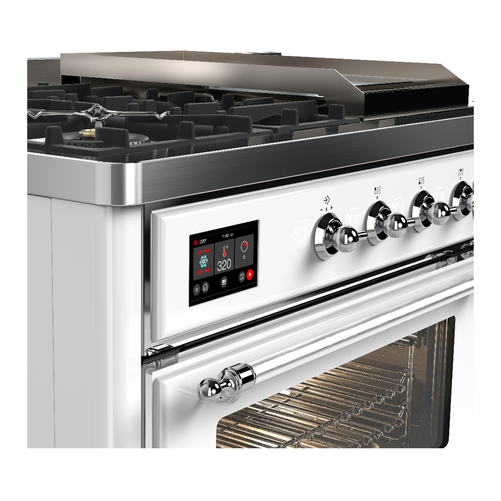 ILVE UM48FSNR3WHCLP Majestic III 48 inch Dual Fuel Range with 5 Black Brass Burners, Griddle and French Top, Dual Function Burner up to 25,000 BTU (Liquid Propane, Triple Glass Door, White, Chrome) 7 ILVE-UM48FSNR3WHCLP-Control Knobs View