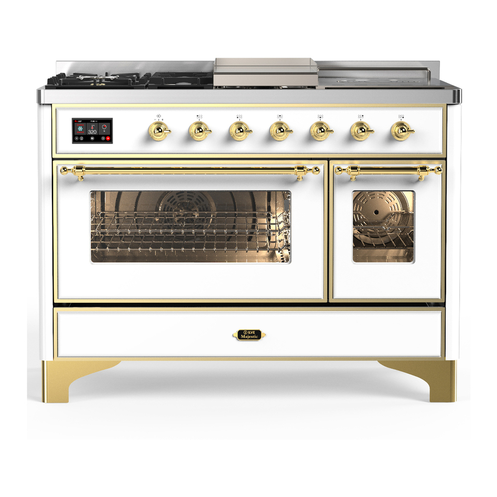 ILVE UM48FSNR3WHGLP Majestic III 48 inch Dual Fuel Range with 5 Black Brass Burners, Griddle and French Top, Dual Function Burner up to 25,000 BTU (Liquid Propane, Triple Glass Door, White, Brass) 1 UM48FSNR3WHGLP