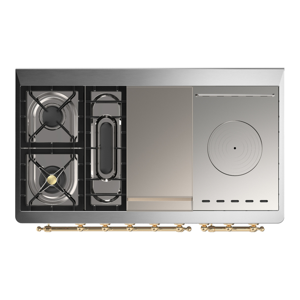 ILVE UM48FSNR3WHGLP Majestic III 48 inch Dual Fuel Range with 5 Black Brass Burners, Griddle and French Top, Dual Function Burner up to 25,000 BTU (Liquid Propane, Triple Glass Door, White, Brass) 6 ILVE-UM48FSNR3WHGLP-Top View