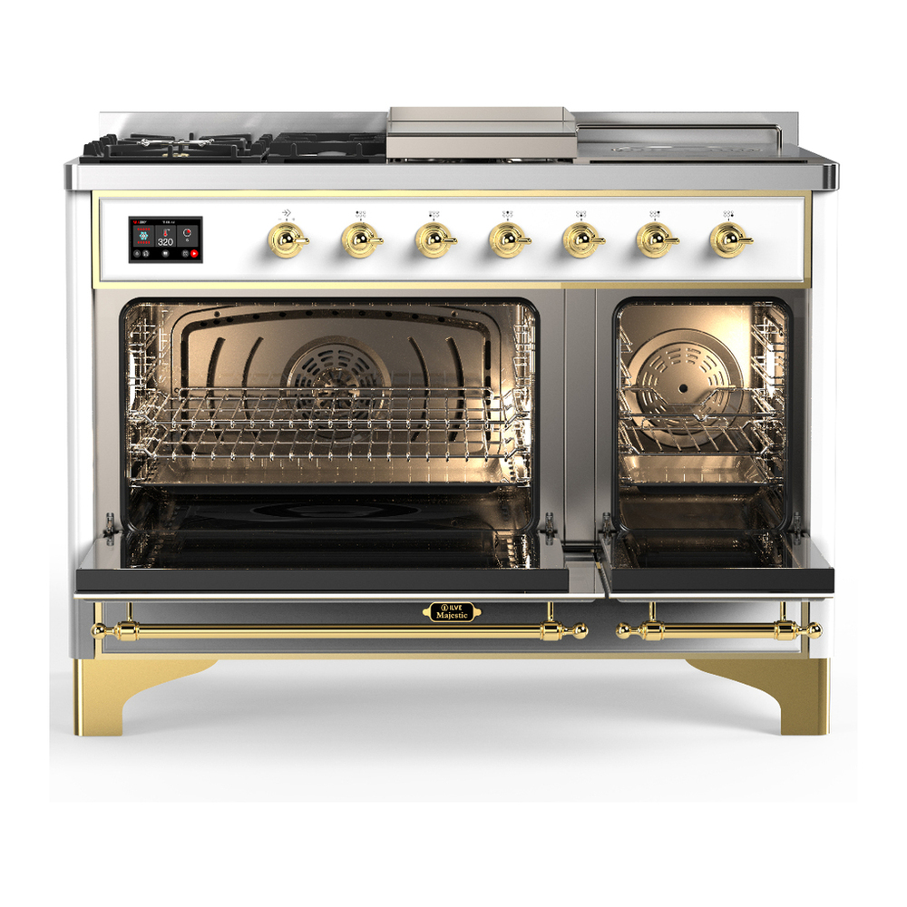 ILVE UM48FSNR3WHG Majestic III 48 inch Dual Fuel Range with 5 Black Brass Burners, Griddle and French Top, Dual Function Burner up to 25,000 BTU (Natural Gas, Triple Glass Door, White, Brass) 2 ILVE-UM48FSNR3WHG-Double Oven Open View