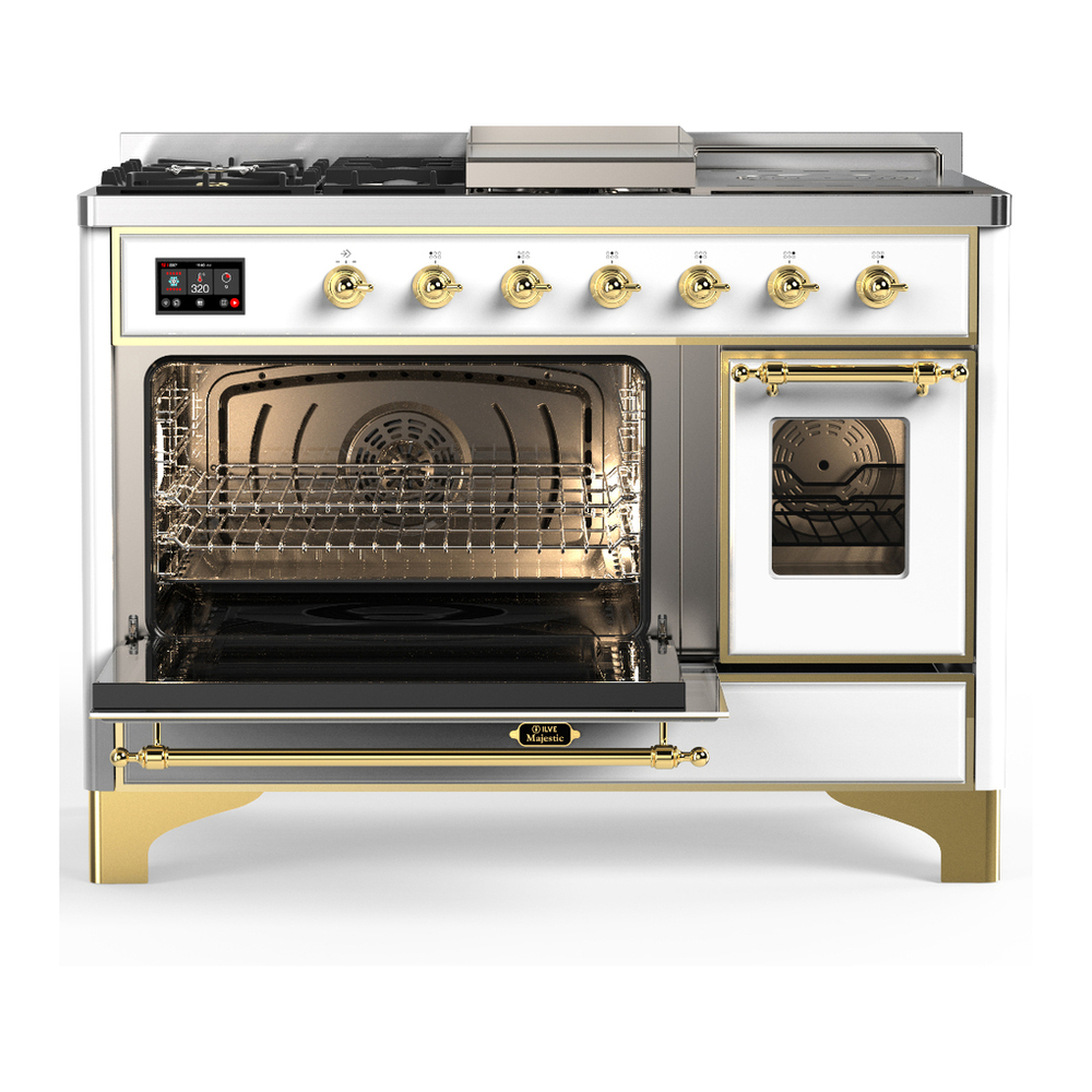 ILVE UM48FSNR3WHG Majestic III 48 inch Dual Fuel Range with 5 Black Brass Burners, Griddle and French Top, Dual Function Burner up to 25,000 BTU (Natural Gas, Triple Glass Door, White, Brass) 3 ILVE-UM48FSNR3WHG-Primary Oven Open View