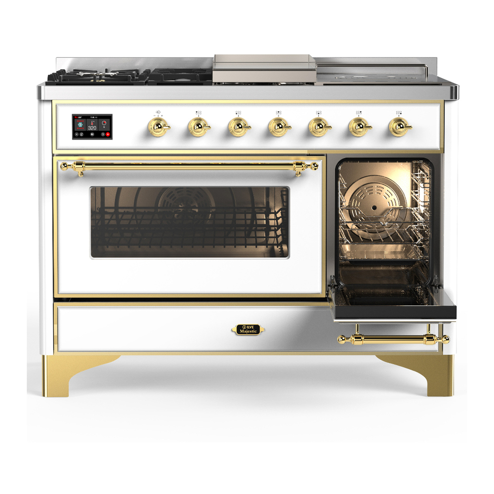 ILVE UM48FSNR3WHG Majestic III 48 inch Dual Fuel Range with 5 Black Brass Burners, Griddle and French Top, Dual Function Burner up to 25,000 BTU (Natural Gas, Triple Glass Door, White, Brass) 4 ILVE-UM48FSNR3WHG-Secondary Oven Open View