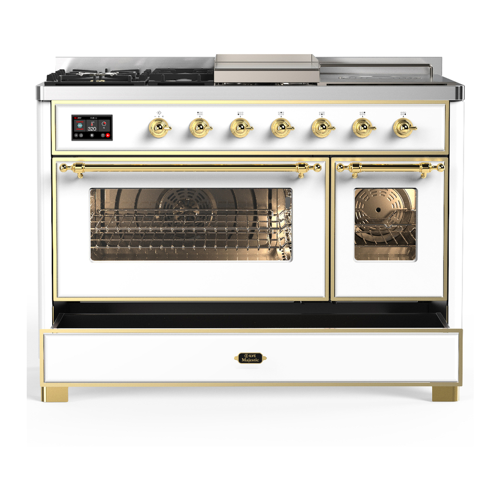 ILVE UM48FSNR3WHG Majestic III 48 inch Dual Fuel Range with 5 Black Brass Burners, Griddle and French Top, Dual Function Burner up to 25,000 BTU (Natural Gas, Triple Glass Door, White, Brass) 5 ILVE-UM48FSNR3WHG-Drawer Open View