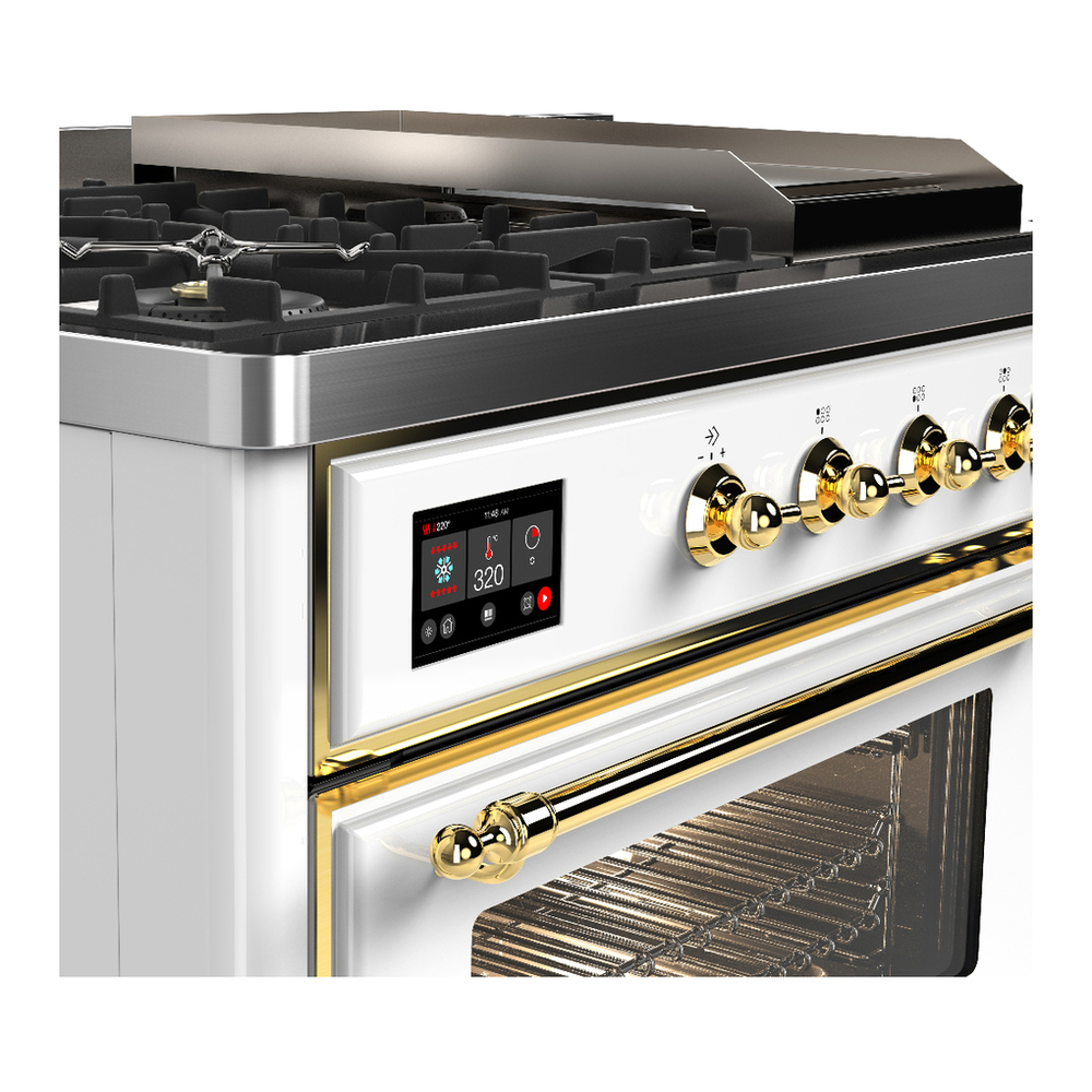ILVE UM48FSNR3WHG Majestic III 48 inch Dual Fuel Range with 5 Black Brass Burners, Griddle and French Top, Dual Function Burner up to 25,000 BTU (Natural Gas, Triple Glass Door, White, Brass) 7 ILVE-UM48FSNR3WHG-Control Knobs View