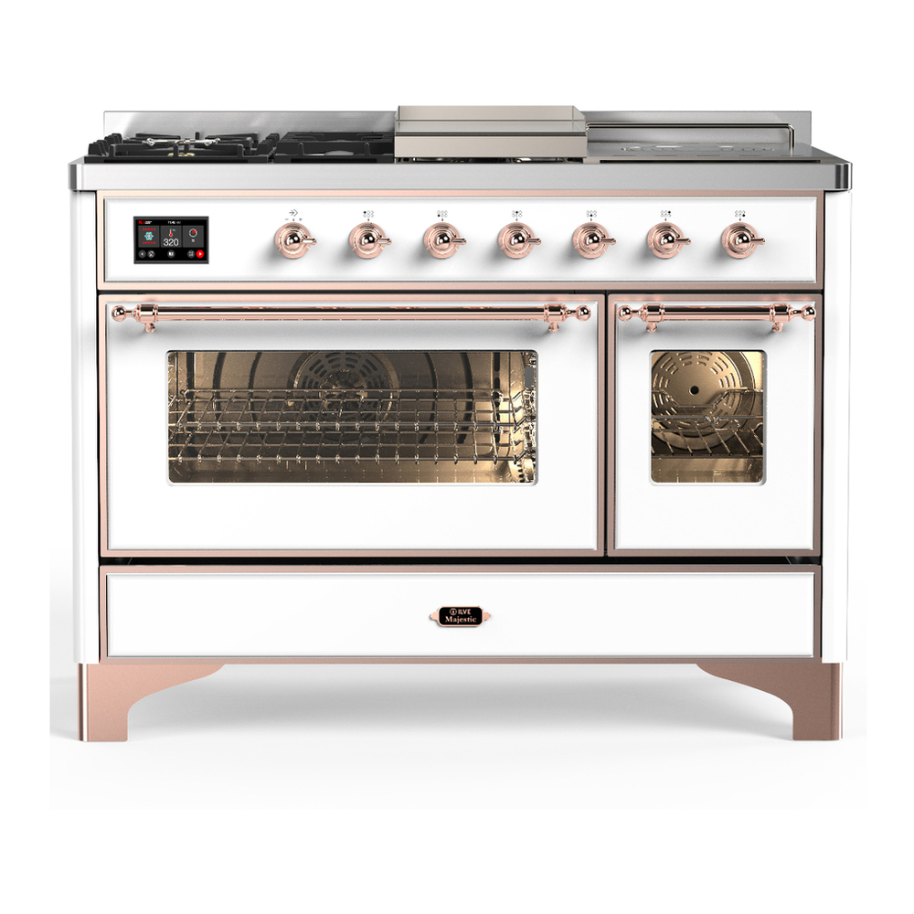 ILVE UM48FSNR3WHP Majestic III 48 inch Dual Fuel Range with 5 Black Brass Burners, Griddle and French Top, Dual Function Burner up to 25,000 BTU (Natural Gas, Triple Glass Door, White, Copper) 1 UM48FSNR3WHP