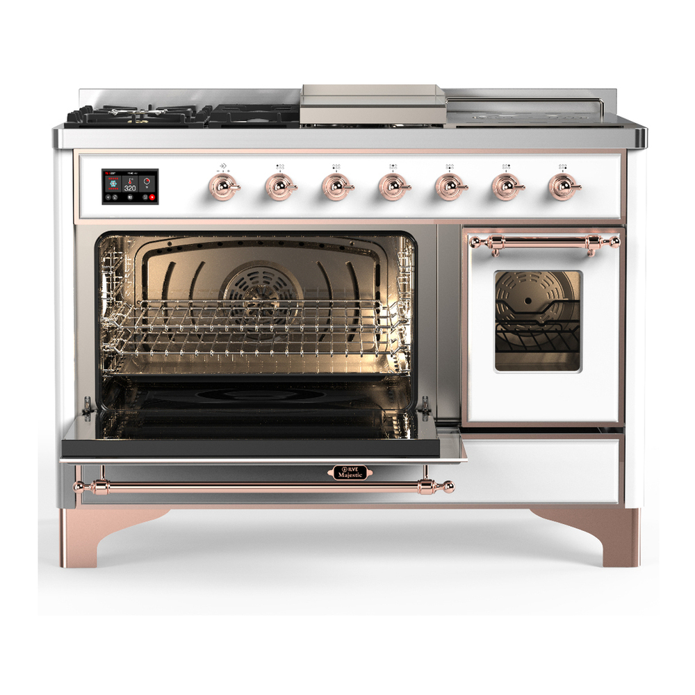 ILVE UM48FSNR3WHP Majestic III 48 inch Dual Fuel Range with 5 Black Brass Burners, Griddle and French Top, Dual Function Burner up to 25,000 BTU (Natural Gas, Triple Glass Door, White, Copper) 3 ILVE-UM48FSNR3WHP-Primary Oven Open View
