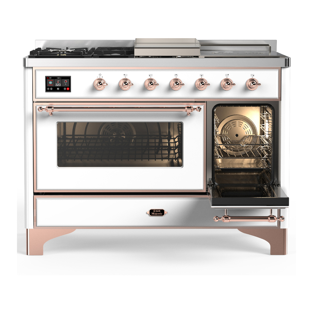 ILVE UM48FSNR3WHP Majestic III 48 inch Dual Fuel Range with 5 Black Brass Burners, Griddle and French Top, Dual Function Burner up to 25,000 BTU (Natural Gas, Triple Glass Door, White, Copper) 4 ILVE-UM48FSNR3WHP-Secondary Oven Open View