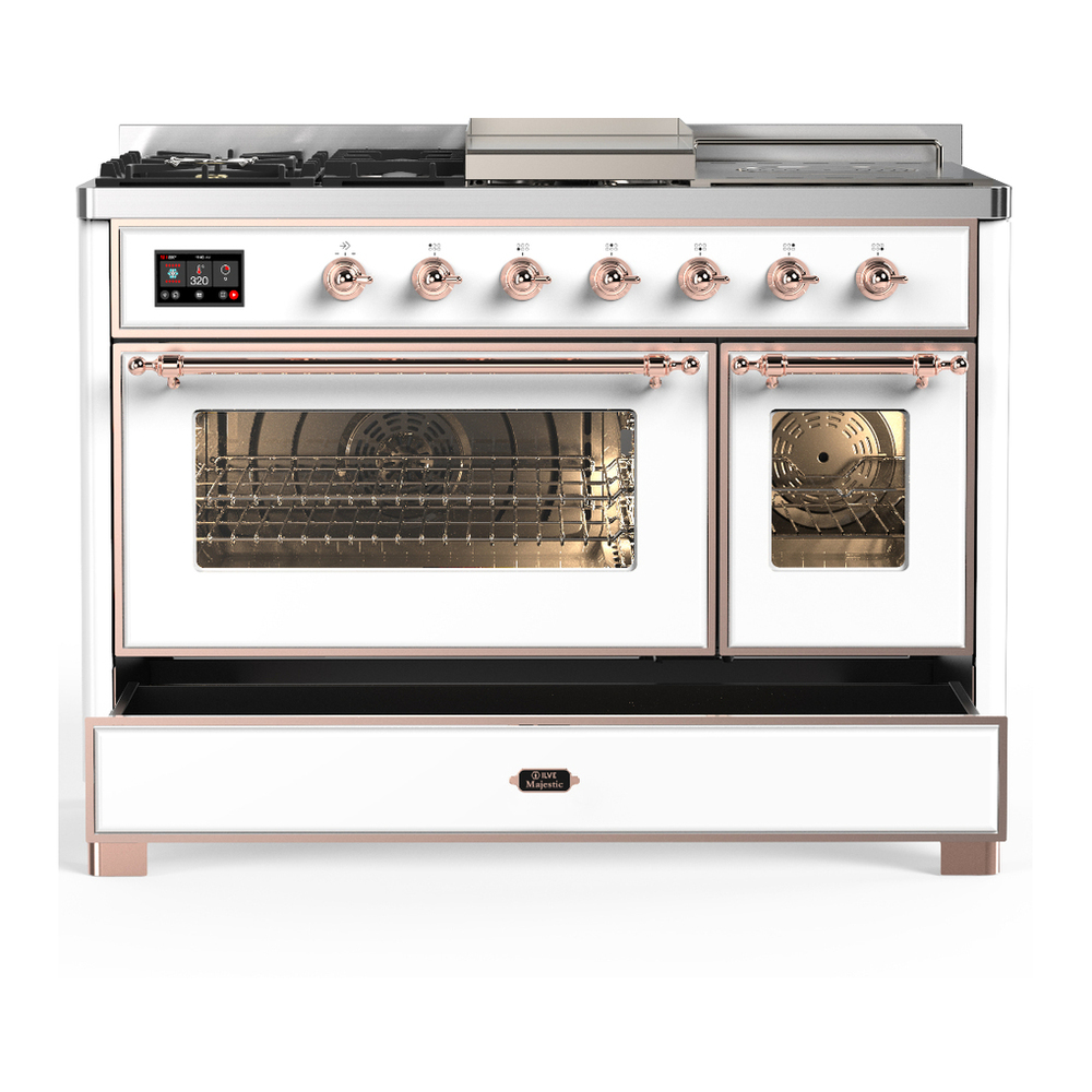 ILVE UM48FSNR3WHP Majestic III 48 inch Dual Fuel Range with 5 Black Brass Burners, Griddle and French Top, Dual Function Burner up to 25,000 BTU (Natural Gas, Triple Glass Door, White, Copper) 5 ILVE-UM48FSNR3WHP-Drawer Open View