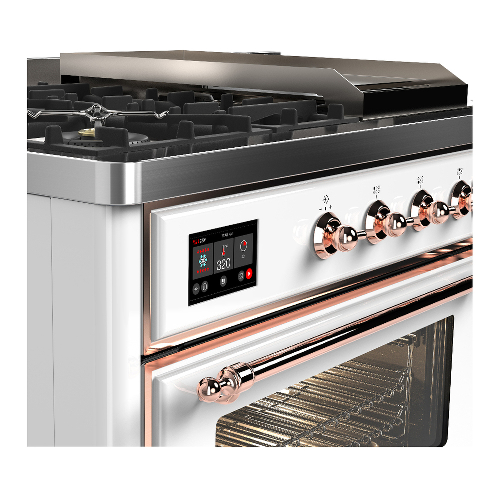 ILVE UM48FSNR3WHP Majestic III 48 inch Dual Fuel Range with 5 Black Brass Burners, Griddle and French Top, Dual Function Burner up to 25,000 BTU (Natural Gas, Triple Glass Door, White, Copper) 7 ILVE-UM48FSNR3WHP-Control Knobs View