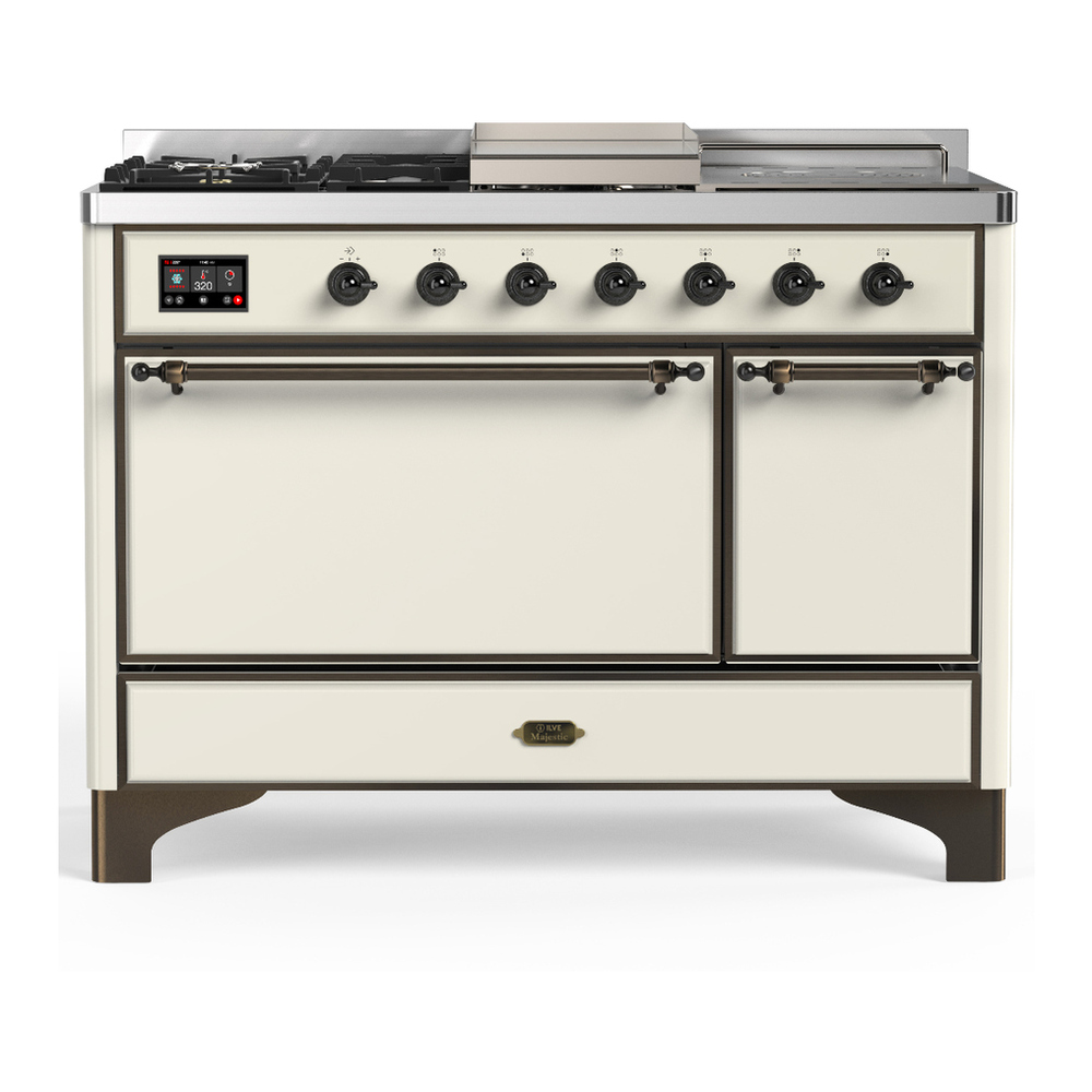 ILVE UM48FSQNR3AWB Majestic III 48 inch Dual Fuel Range with 5 Black Brass Burners, Griddle and French Top, Dual Function Burner up to 25,000 BTU (Natural Gas, Solid Door, Antique White, Burnished) 1 UM48FSQNR3AWB