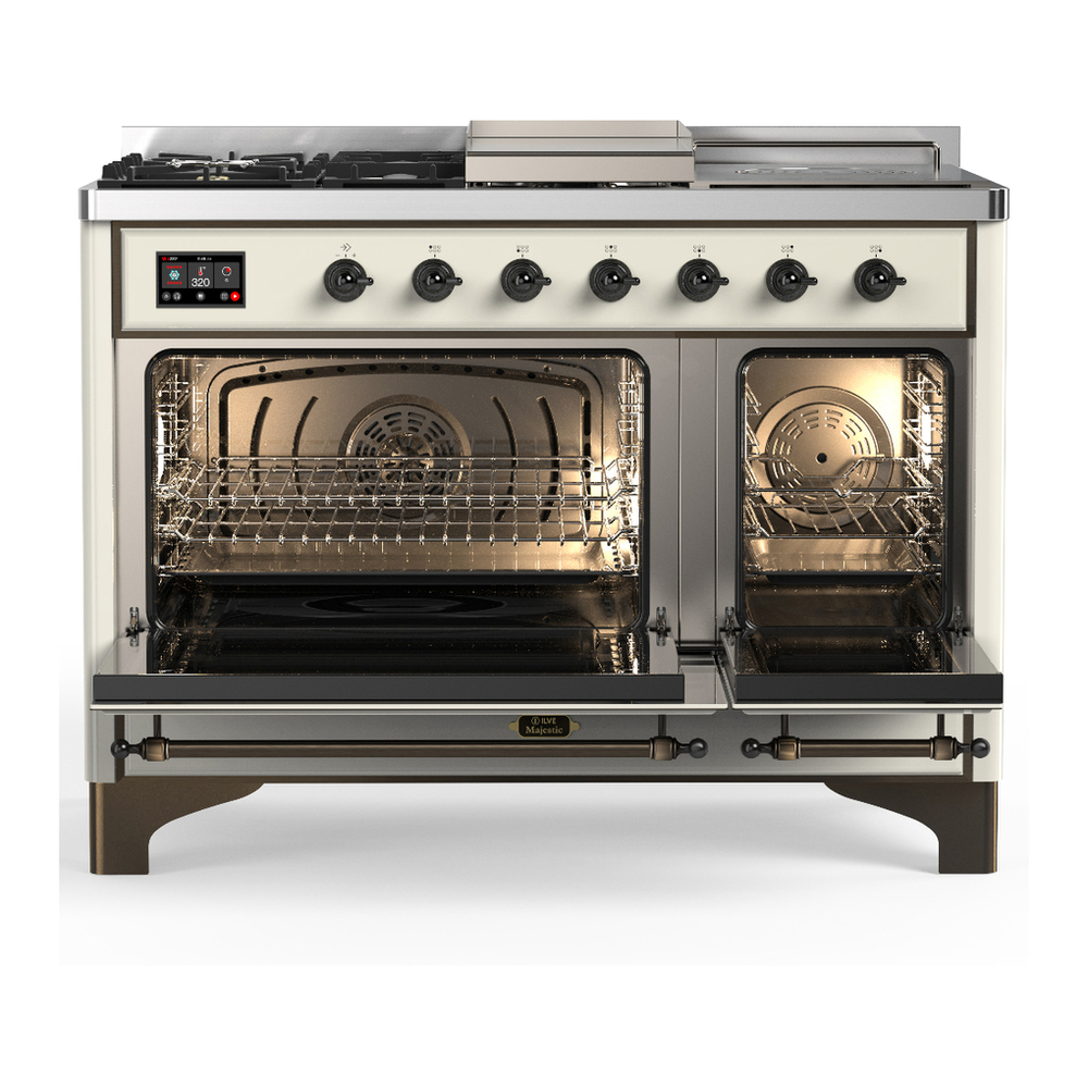 ILVE UM48FSQNR3AWB Majestic III 48 inch Dual Fuel Range with 5 Black Brass Burners, Griddle and French Top, Dual Function Burner up to 25,000 BTU (Natural Gas, Solid Door, Antique White, Burnished) 2 ILVE-UM48FSQNR3AWB-Double Oven Open View