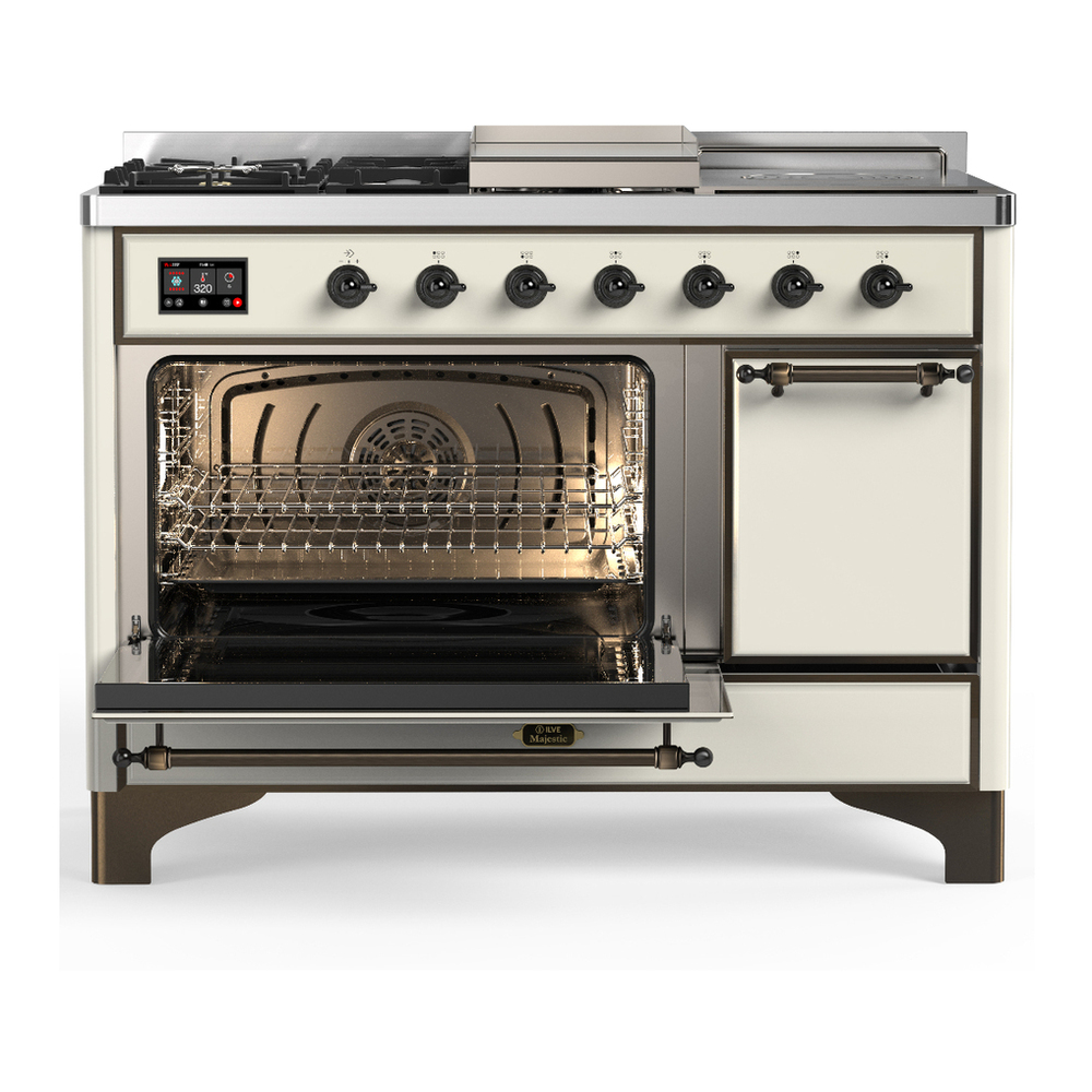 ILVE UM48FSQNR3AWB Majestic III 48 inch Dual Fuel Range with 5 Black Brass Burners, Griddle and French Top, Dual Function Burner up to 25,000 BTU (Natural Gas, Solid Door, Antique White, Burnished) 3 ILVE-UM48FSQNR3AWB-Primary Oven Open View