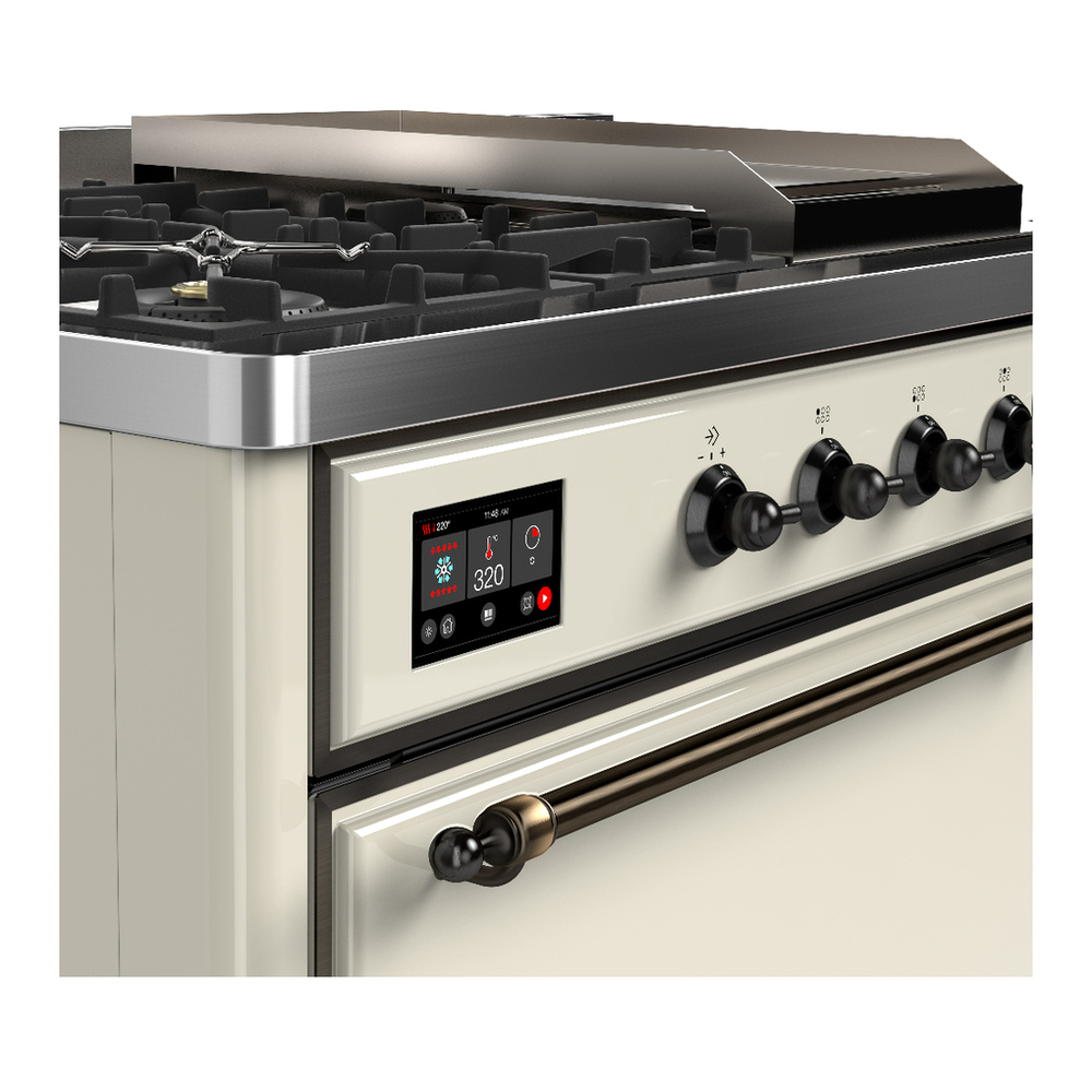 ILVE UM48FSQNR3AWB Majestic III 48 inch Dual Fuel Range with 5 Black Brass Burners, Griddle and French Top, Dual Function Burner up to 25,000 BTU (Natural Gas, Solid Door, Antique White, Burnished) 7 ILVE-UM48FSQNR3AWB-Control Knobs View