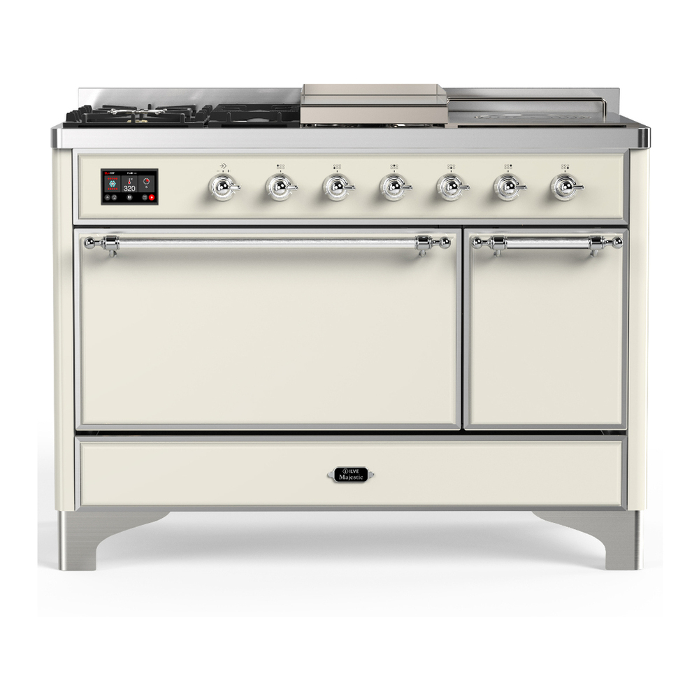 ILVE UM48FSQNR3AWC Majestic III 48 inch Dual Fuel Range with 5 Black Brass Burners, Griddle and French Top, Dual Function Burner up to 25,000 BTU (Natural Gas, Solid Door, Antique White, Chrome) 1 UM48FSQNR3AWC