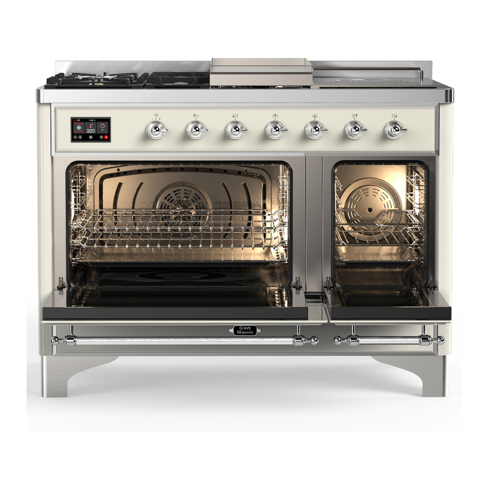 ILVE UM48FSQNR3AWC Majestic III 48 inch Dual Fuel Range with 5 Black Brass Burners, Griddle and French Top, Dual Function Burner up to 25,000 BTU (Natural Gas, Solid Door, Antique White, Chrome) 2 ILVE-UM48FSQNR3AWC-Double Oven Open View