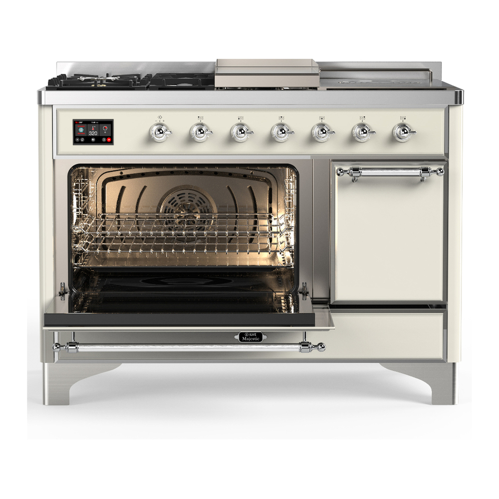 ILVE UM48FSQNR3AWC Majestic III 48 inch Dual Fuel Range with 5 Black Brass Burners, Griddle and French Top, Dual Function Burner up to 25,000 BTU (Natural Gas, Solid Door, Antique White, Chrome) 3 ILVE-UM48FSQNR3AWC-Primary Oven Open View