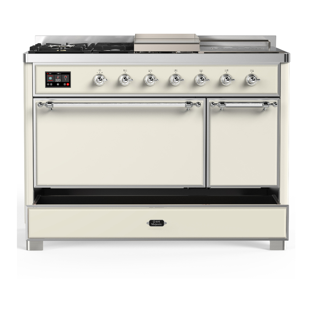 ILVE UM48FSQNR3AWC Majestic III 48 inch Dual Fuel Range with 5 Black Brass Burners, Griddle and French Top, Dual Function Burner up to 25,000 BTU (Natural Gas, Solid Door, Antique White, Chrome) 5 ILVE-UM48FSQNR3AWC-Drawer Open View