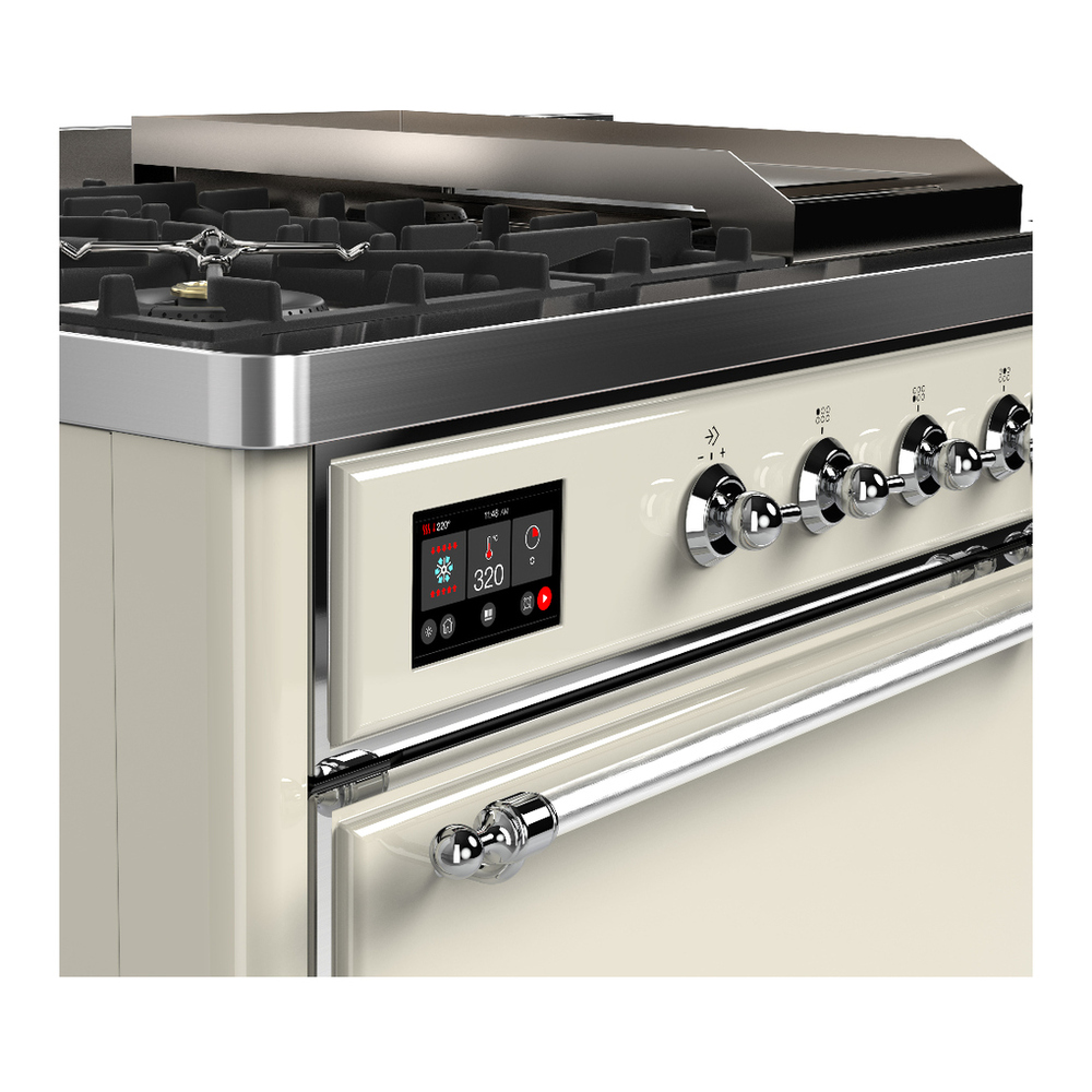 ILVE UM48FSQNR3AWC Majestic III 48 inch Dual Fuel Range with 5 Black Brass Burners, Griddle and French Top, Dual Function Burner up to 25,000 BTU (Natural Gas, Solid Door, Antique White, Chrome) 7 ILVE-UM48FSQNR3AWC-Control Knobs View
