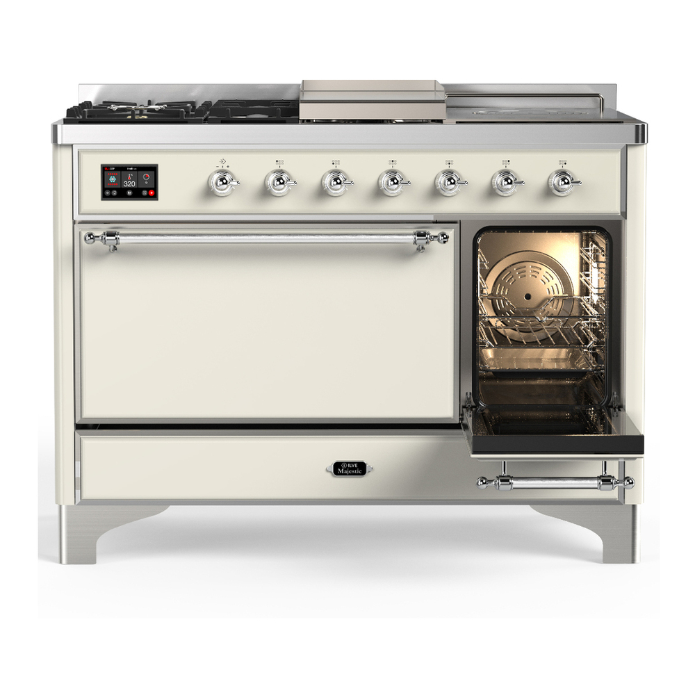 ILVE UM48FSQNR3AWC Majestic III 48 inch Dual Fuel Range with 5 Black Brass Burners, Griddle and French Top, Dual Function Burner up to 25,000 BTU (Natural Gas, Solid Door, Antique White, Chrome) 4 ILVE-UM48FSQNR3AWC-Secondary Oven Open View