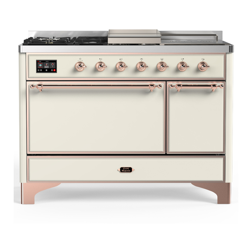 ILVE UM48FSQNR3AWP Majestic III 48 inch Dual Fuel Range with 5 Black Brass Burners, Griddle and French Top, Dual Function Burner up to 25,000 BTU (Natural Gas, Solid Door, Antique White, Copper) 1 UM48FSQNR3AWP