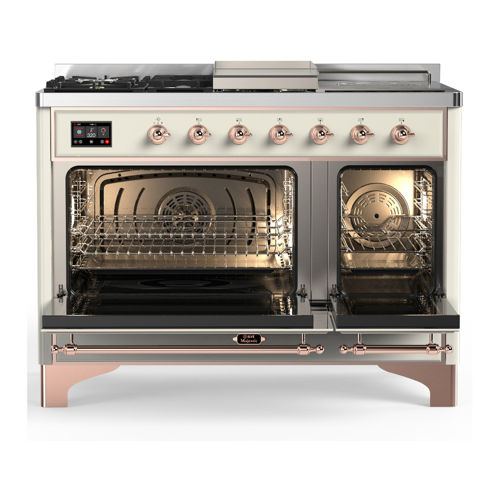 ILVE UM48FSQNR3AWP Majestic III 48 inch Dual Fuel Range with 5 Black Brass Burners, Griddle and French Top, Dual Function Burner up to 25,000 BTU (Natural Gas, Solid Door, Antique White, Copper) 2 ILVE-UM48FSQNR3AWP-Double Oven Open View