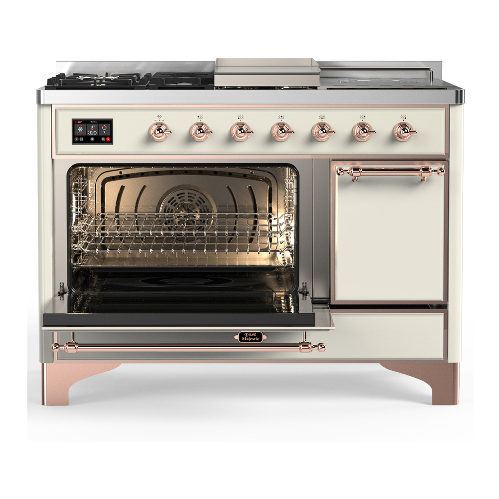 ILVE UM48FSQNR3AWP Majestic III 48 inch Dual Fuel Range with 5 Black Brass Burners, Griddle and French Top, Dual Function Burner up to 25,000 BTU (Natural Gas, Solid Door, Antique White, Copper) 3 ILVE-UM48FSQNR3AWP-Primary Oven Open View