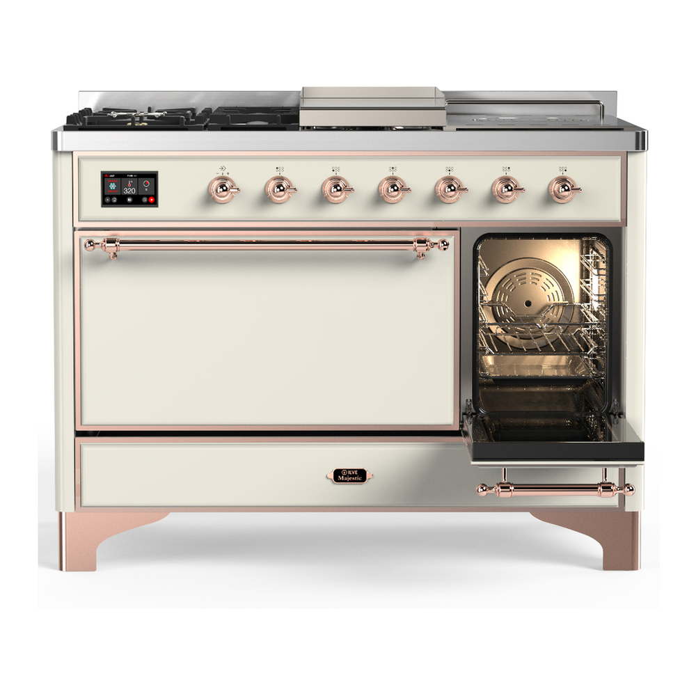 ILVE UM48FSQNR3AWP Majestic III 48 inch Dual Fuel Range with 5 Black Brass Burners, Griddle and French Top, Dual Function Burner up to 25,000 BTU (Natural Gas, Solid Door, Antique White, Copper) 4 ILVE-UM48FSQNR3AWP-Secondary Oven Open View