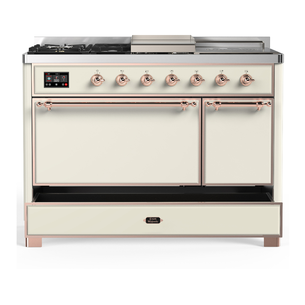 ILVE UM48FSQNR3AWP Majestic III 48 inch Dual Fuel Range with 5 Black Brass Burners, Griddle and French Top, Dual Function Burner up to 25,000 BTU (Natural Gas, Solid Door, Antique White, Copper) 5 ILVE-UM48FSQNR3AWP-Drawer Open View