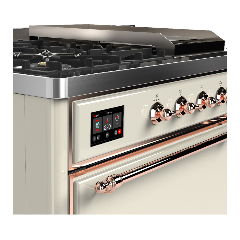ILVE UM48FSQNR3AWP Majestic III 48 inch Dual Fuel Range with 5 Black Brass Burners, Griddle and French Top, Dual Function Burner up to 25,000 BTU (Natural Gas, Solid Door, Antique White, Copper) 7 ILVE-UM48FSQNR3AWP-Control Knobs View