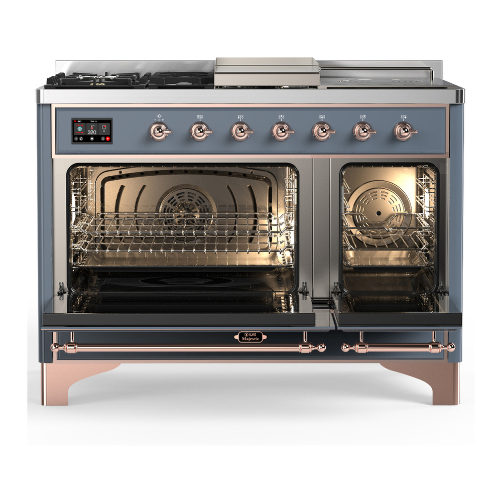 ILVE UM48FSQNR3BGP Majestic III 48 inch Dual Fuel Range with 5 Black Brass Burners, Griddle and French Top, Dual Function Burner up to 25,000 BTU (Natural Gas, Solid Door, Blue Grey, Copper) 2 ILVE-UM48FSQNR3BGP-Double Oven Open View