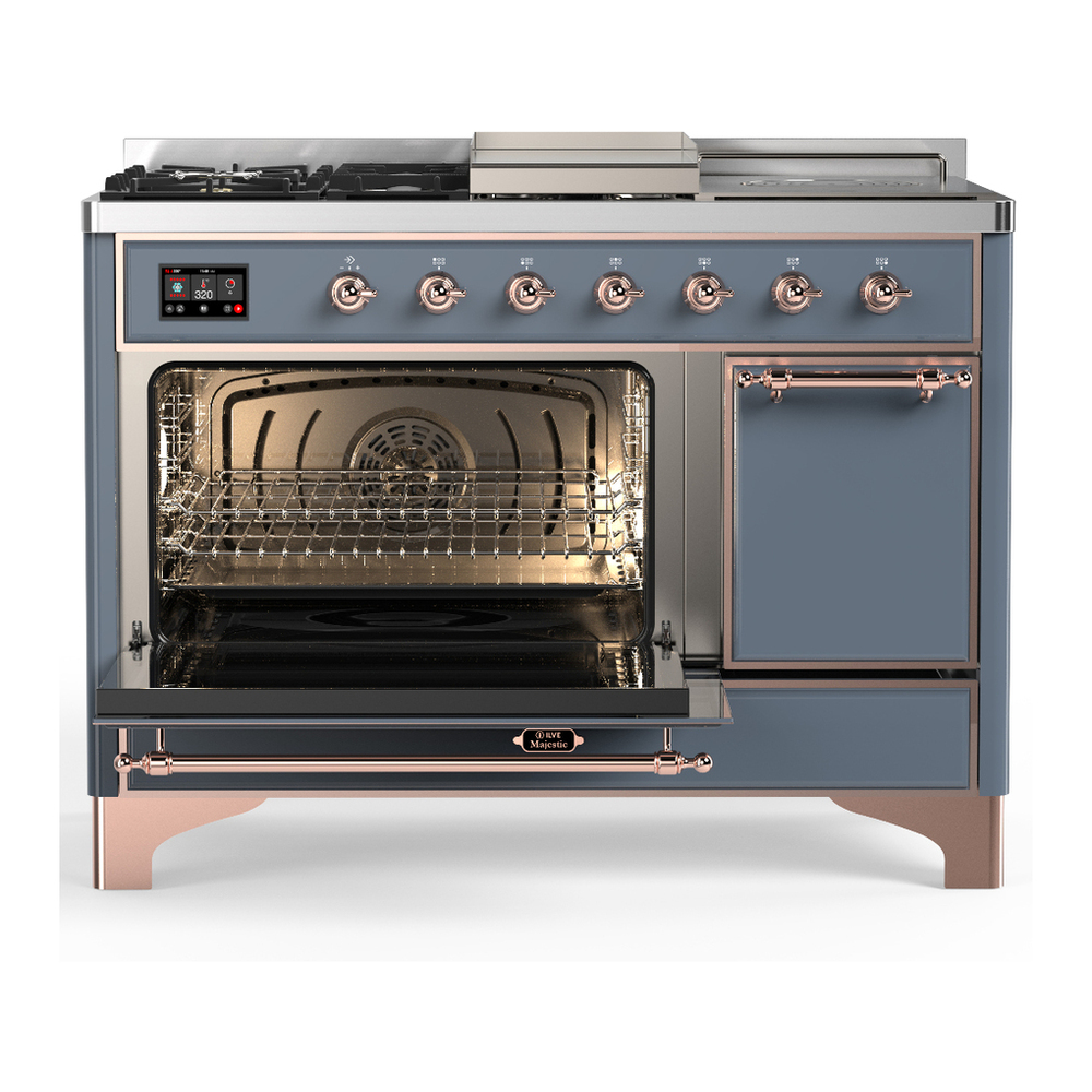 ILVE UM48FSQNR3BGP Majestic III 48 inch Dual Fuel Range with 5 Black Brass Burners, Griddle and French Top, Dual Function Burner up to 25,000 BTU (Natural Gas, Solid Door, Blue Grey, Copper) 3 ILVE-UM48FSQNR3BGP-Primary Oven Open View