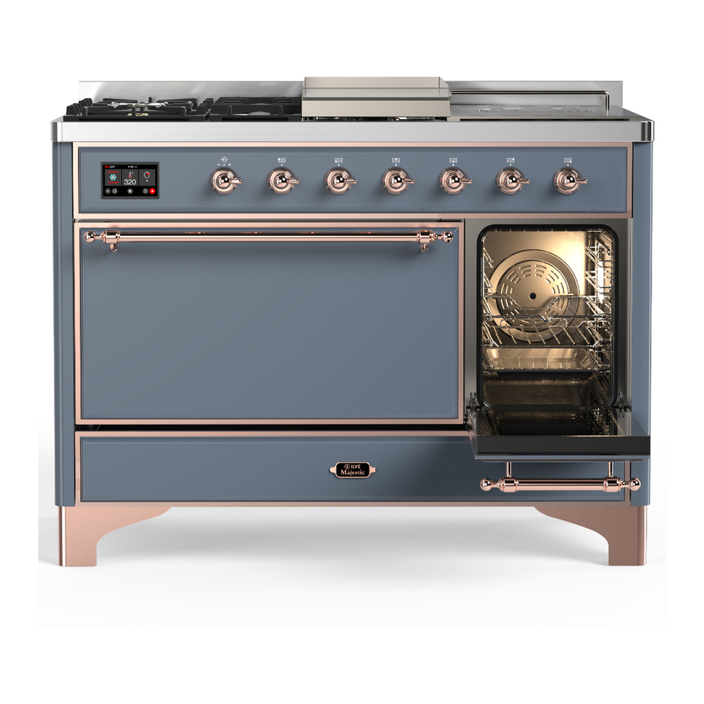 ILVE UM48FSQNR3BGP Majestic III 48 inch Dual Fuel Range with 5 Black Brass Burners, Griddle and French Top, Dual Function Burner up to 25,000 BTU (Natural Gas, Solid Door, Blue Grey, Copper) 4 ILVE-UM48FSQNR3BGP-Secondary Oven Open View