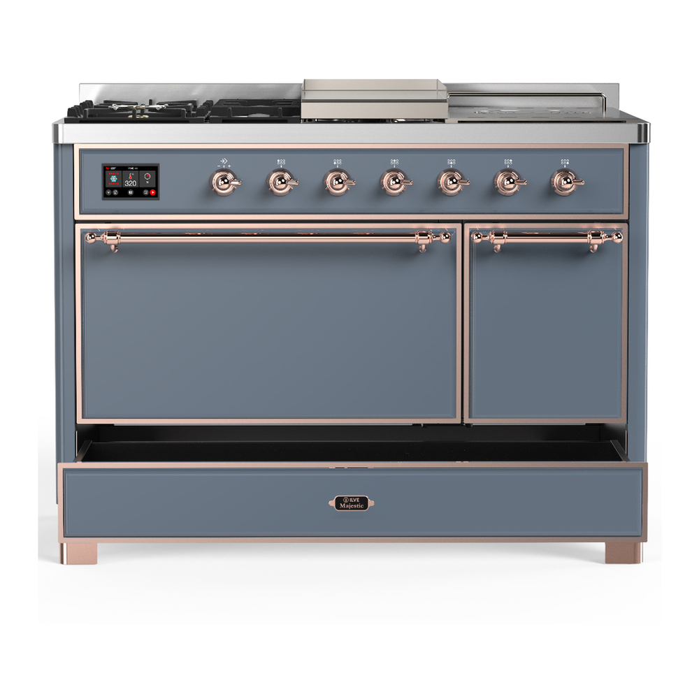 ILVE UM48FSQNR3BGP Majestic III 48 inch Dual Fuel Range with 5 Black Brass Burners, Griddle and French Top, Dual Function Burner up to 25,000 BTU (Natural Gas, Solid Door, Blue Grey, Copper) 5 ILVE-UM48FSQNR3BGP-Drawer Open View