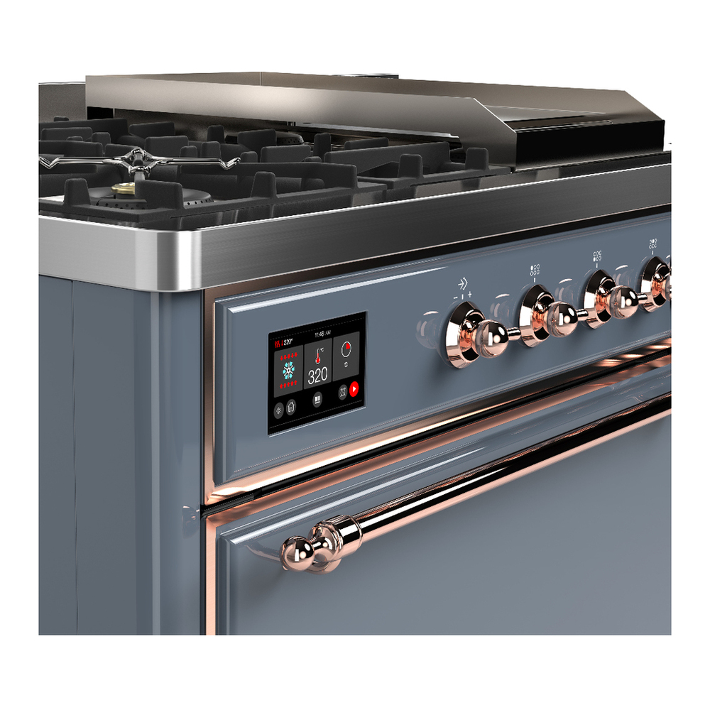 ILVE UM48FSQNR3BGP Majestic III 48 inch Dual Fuel Range with 5 Black Brass Burners, Griddle and French Top, Dual Function Burner up to 25,000 BTU (Natural Gas, Solid Door, Blue Grey, Copper) 7 ILVE-UM48FSQNR3BGP-Control Knobs View