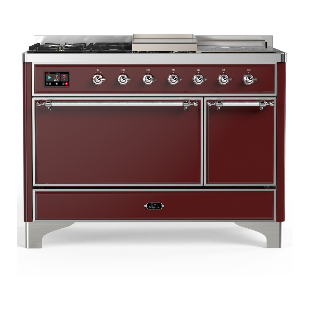 ILVE UM48FSQNR3BUC Majestic III 48 inch Dual Fuel Range with 5 Black Brass Burners, Griddle and French Top, Dual Function Burner up to 25,000 BTU (Natural Gas, Solid Door, Burgundy, Chrome) 1 UM48FSQNR3BUC