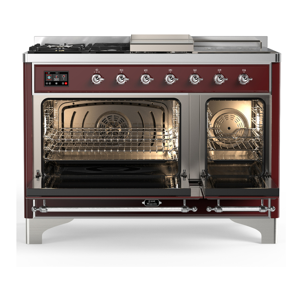 ILVE UM48FSQNR3BUC Majestic III 48 inch Dual Fuel Range with 5 Black Brass Burners, Griddle and French Top, Dual Function Burner up to 25,000 BTU (Natural Gas, Solid Door, Burgundy, Chrome) 2 ILVE-UM48FSQNR3BUC-Double Oven Open View